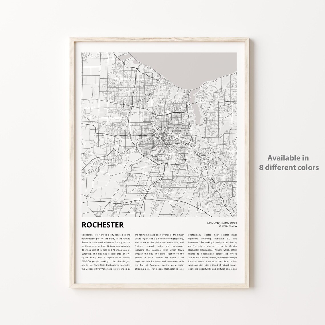 Rochester New York Minimalist City Map Poster With Coordinates And Region Detail