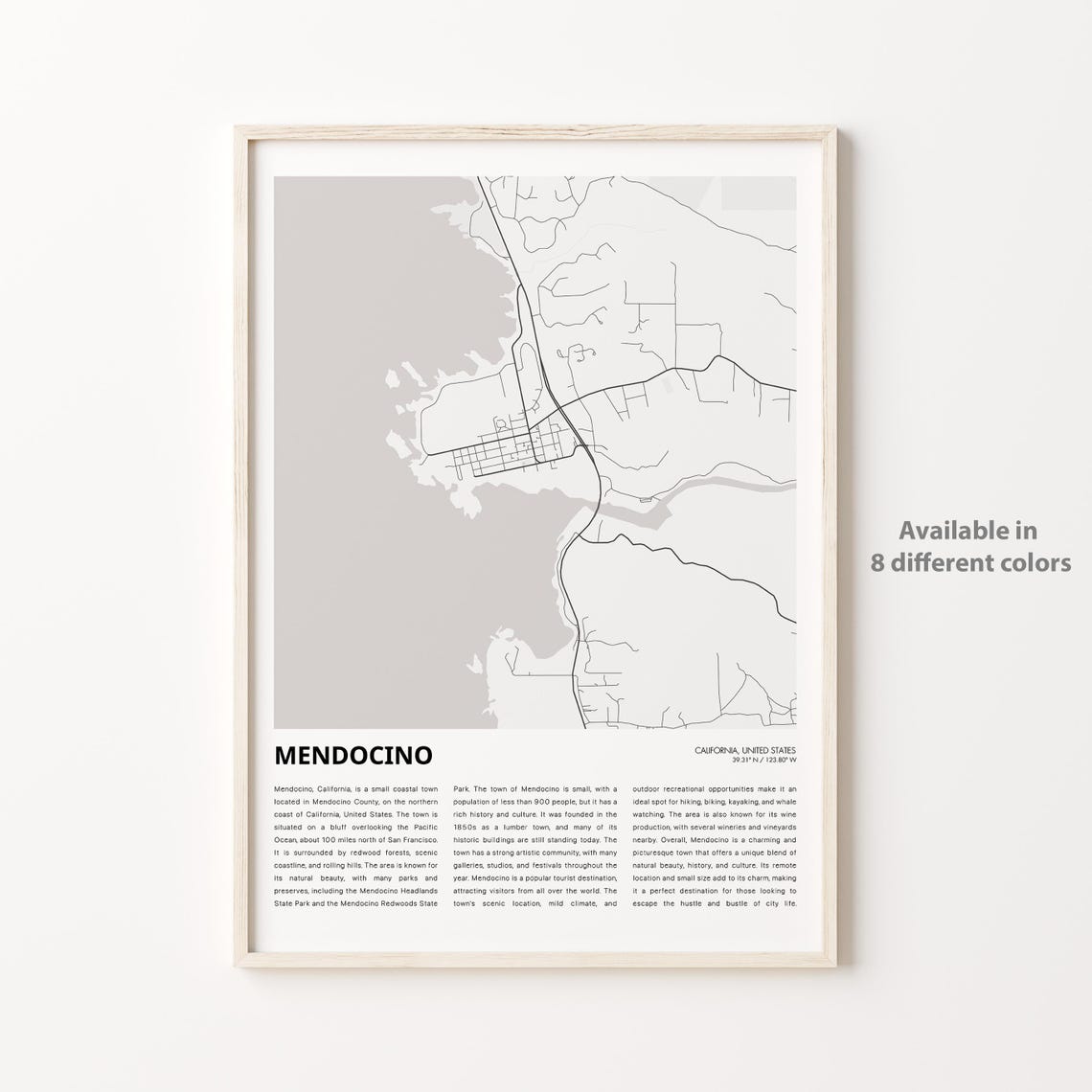 Mendocino Map Print Travel Wall Decor Art Housewarming Gift