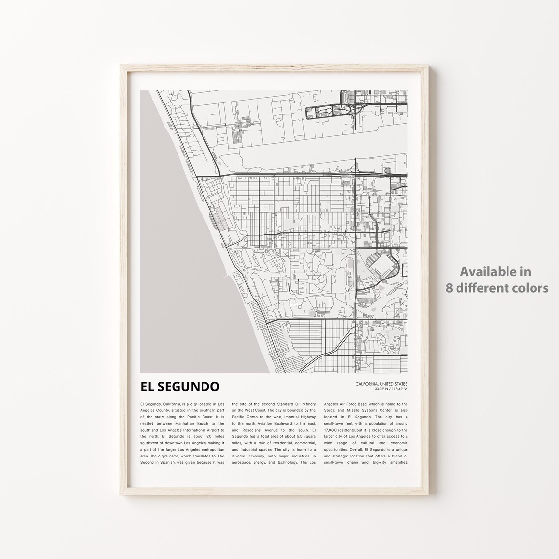 El Segundo California Minimalist Beach City Map Travel Poster