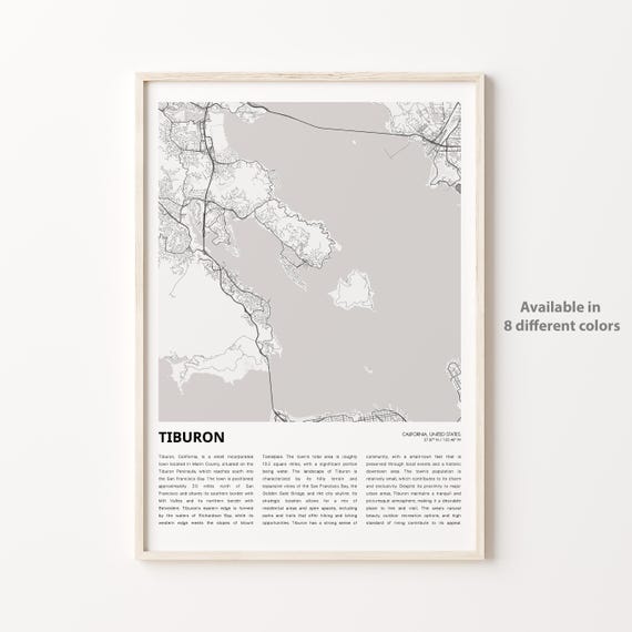 Tiburon California Monochrome Bay Area Street Map History Print