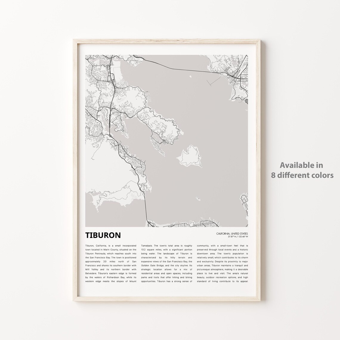 Tiburon California Monochrome Bay Area Street Map History Print