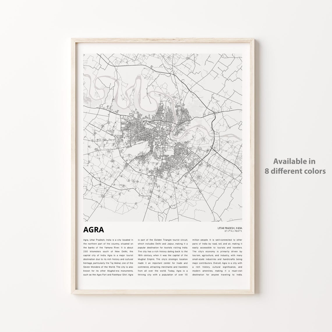 Agra Map Print Travel Wall Decor Art Uttar Pradesh Housewarming Gift Poster