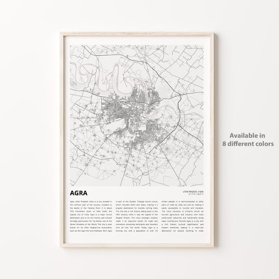 Agra Map Print Travel Wall Decor Art Uttar Pradesh Housewarming Gift Poster