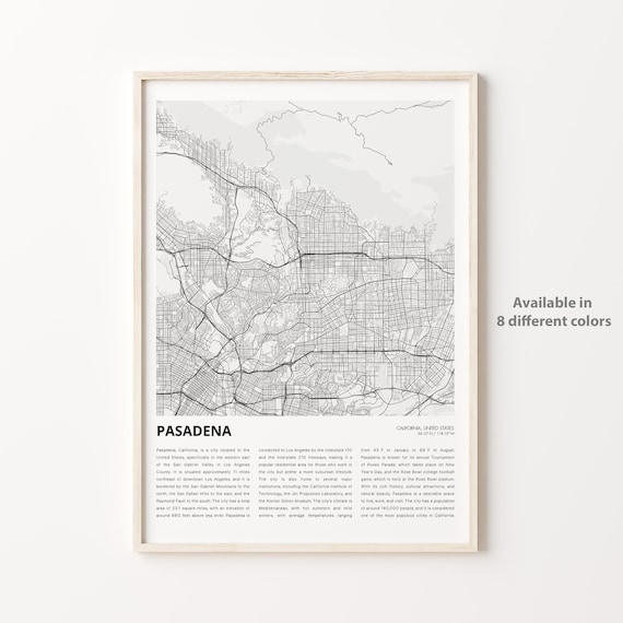 Pasadena California Minimalist Street Map Monochrome Travel Poster