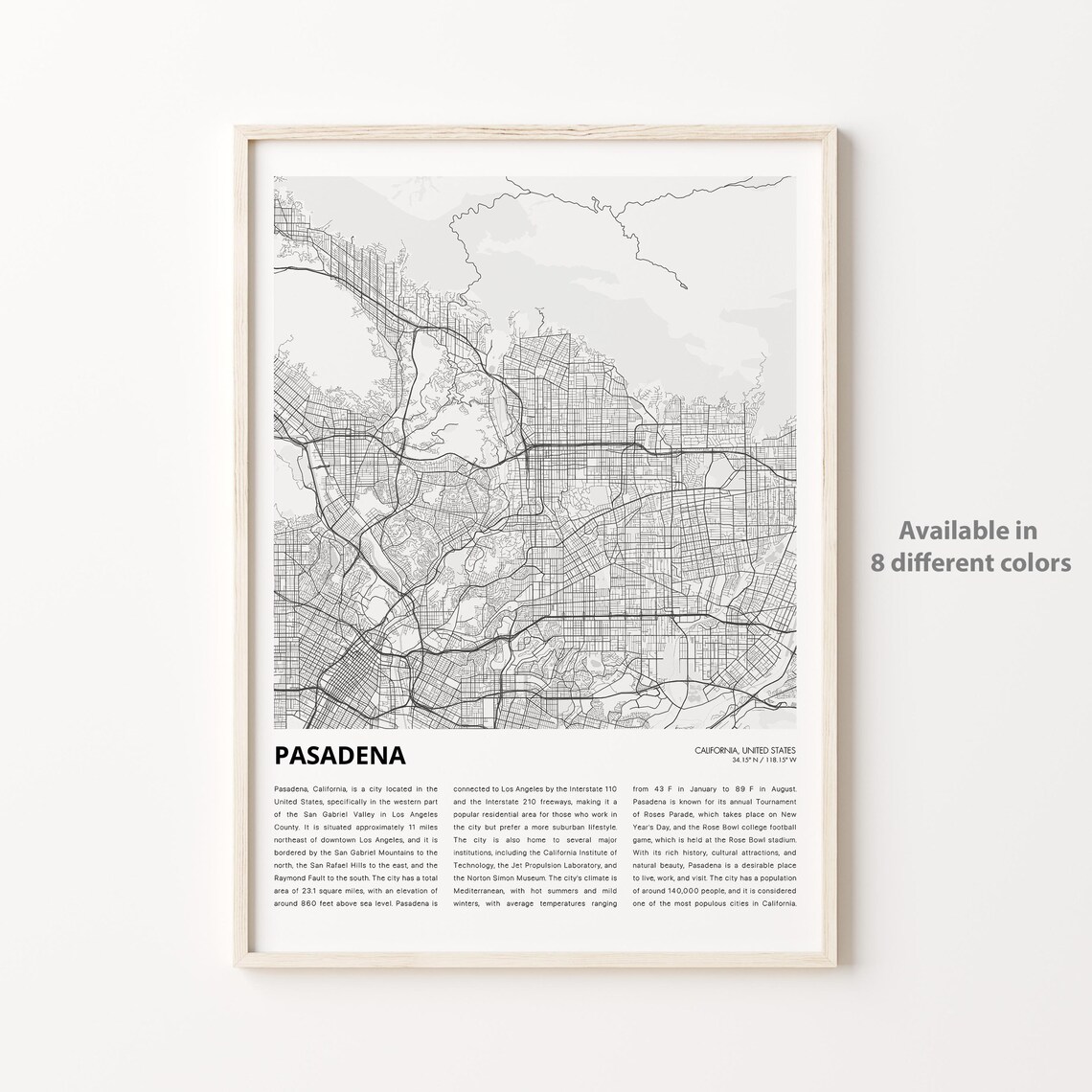 Pasadena California Minimalist Street Map Monochrome Travel Poster