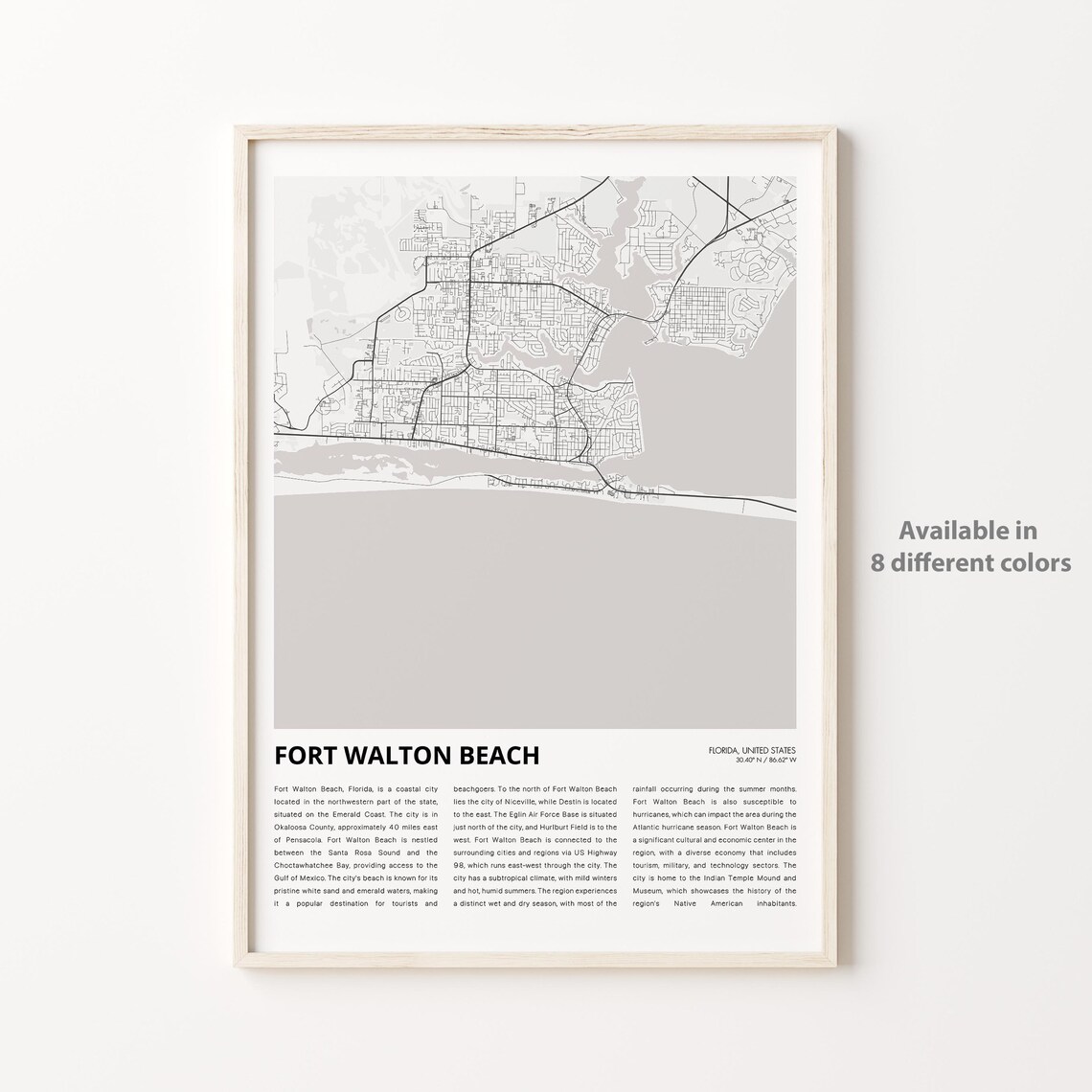 Fort Walton Beach Florida City Street Map Coastal Decor Poster