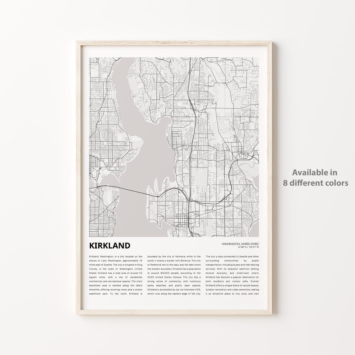Kirkland Map Print Travel Wall Decor Art Washington Housewarming Gift