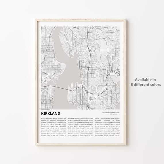 Kirkland Map Print Travel Wall Decor Art Washington Housewarming Gift