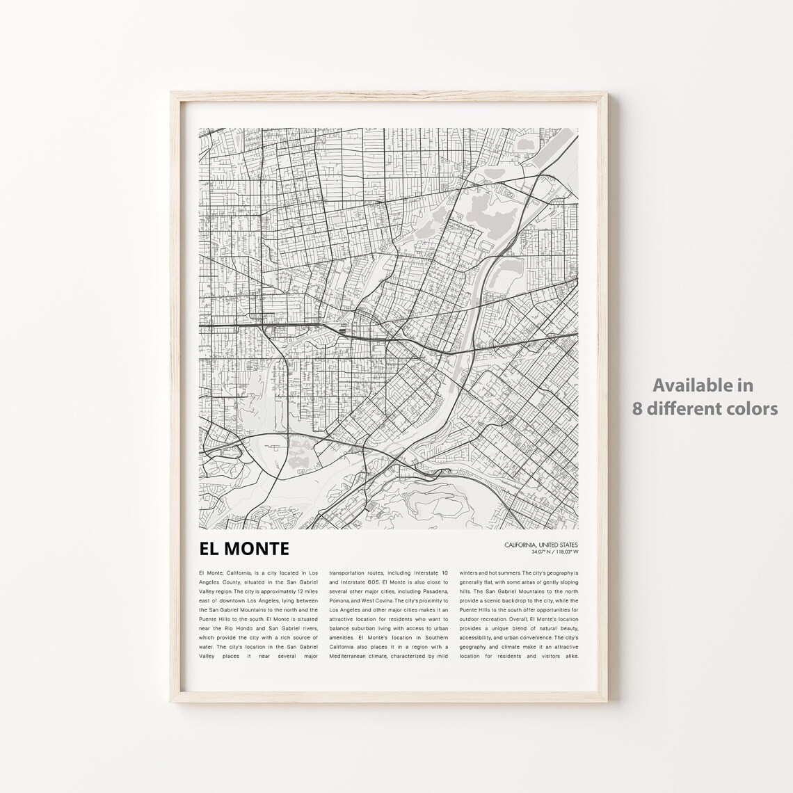 El Monte California City Street Map Minimalist Home Decor Art Print