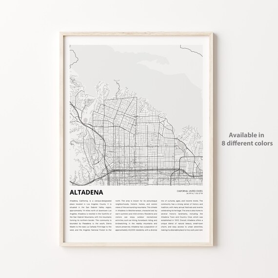 Altadena California Minimalist Grayscale Street Map Travel Poster