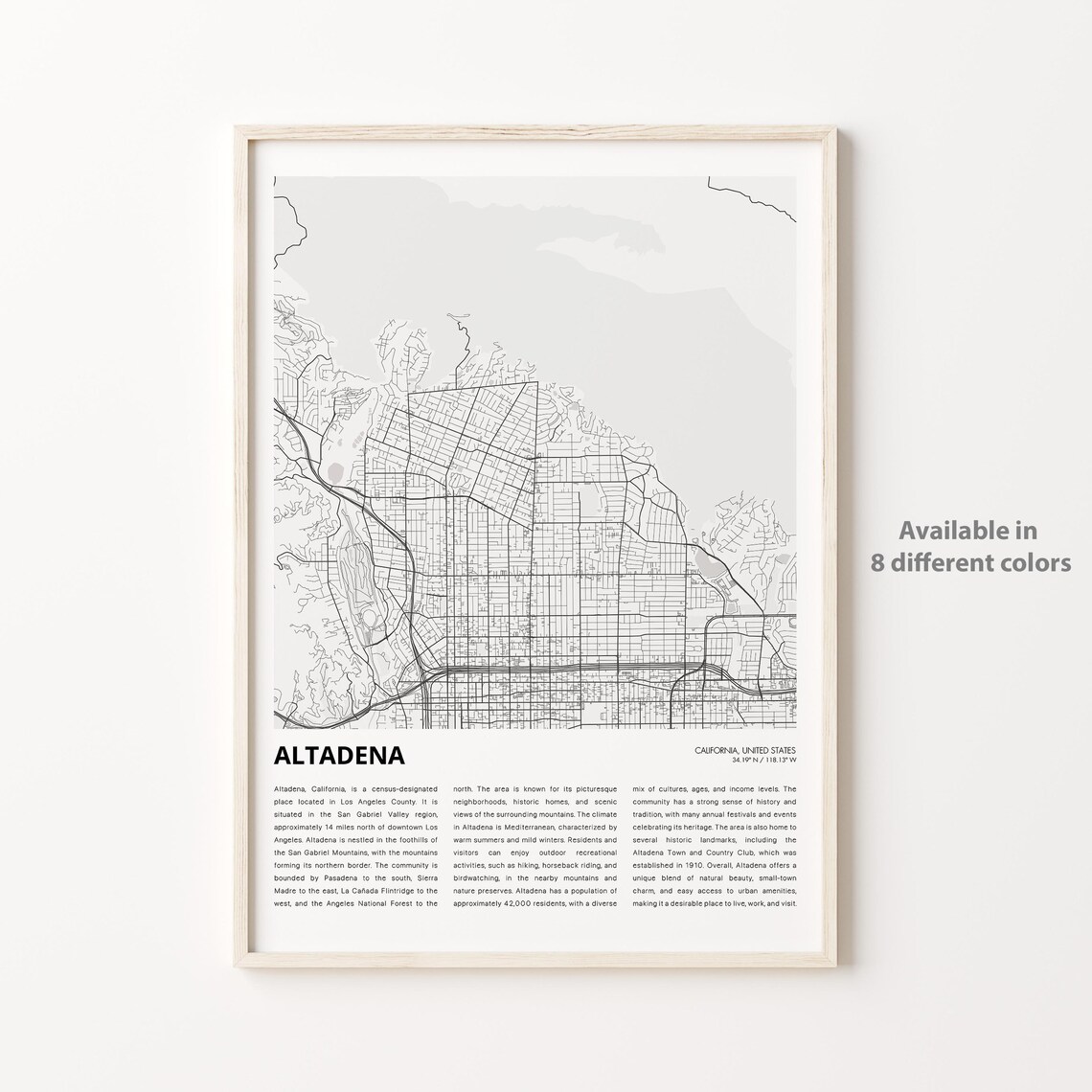 Altadena California Minimalist Grayscale Street Map Travel Poster