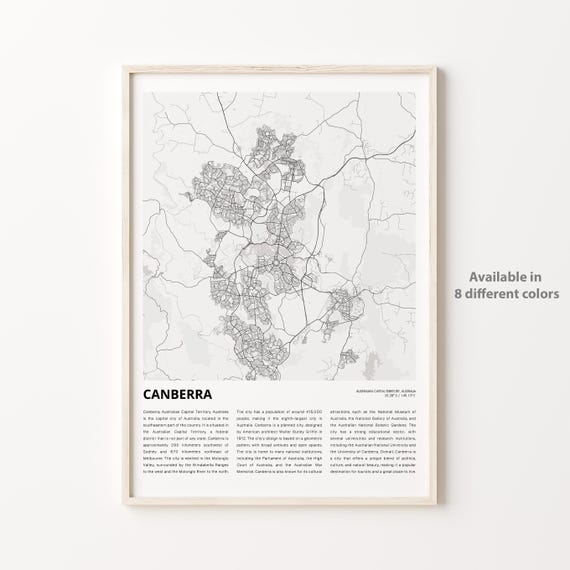 Canberra Map Print Travel Wall Decor Art Australian Capital Territory Housewarming Gift