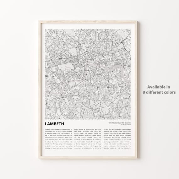 Lambeth Map Print Travel Wall Decor Art Greater London Housewarming Gift