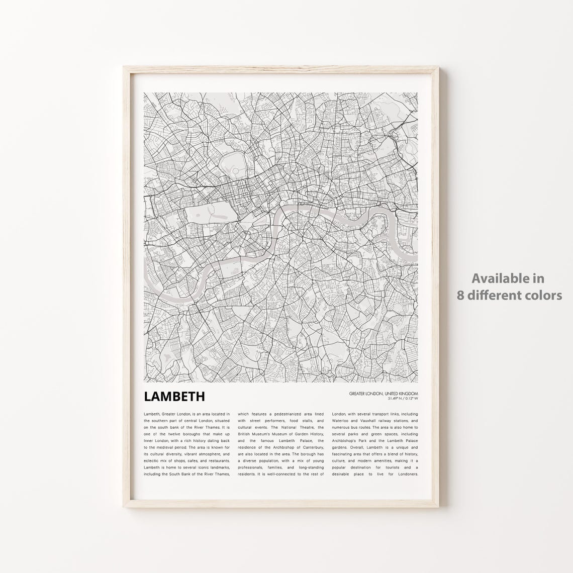 Lambeth Map Print Travel Wall Decor Art Greater London Housewarming Gift