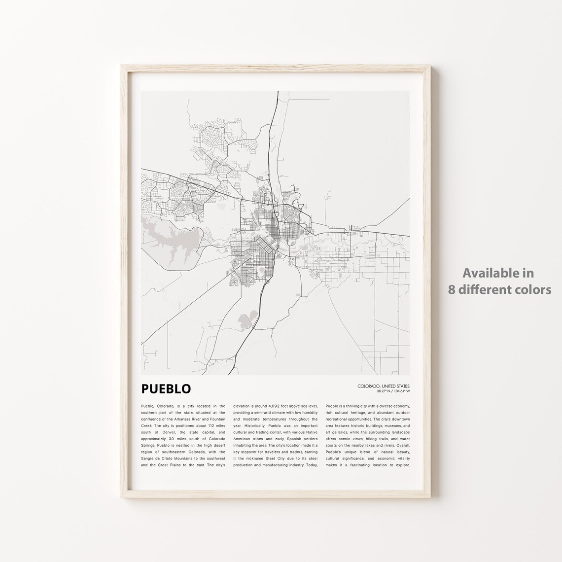 Pueblo Colorado Steel City Minimalist Map Street Grid Travel Poster