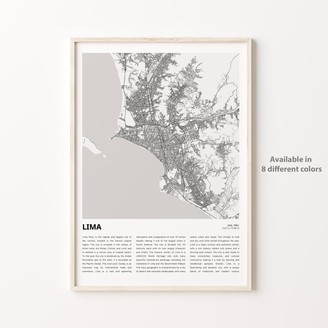 Lima Peru City Map Street Layout Monochrome Travel Wall Poster
