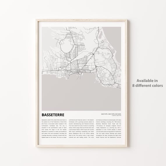 Basseterre Map Print Travel Wall Decor Art Saint Kitts Housewarming Gift Personalized Poster