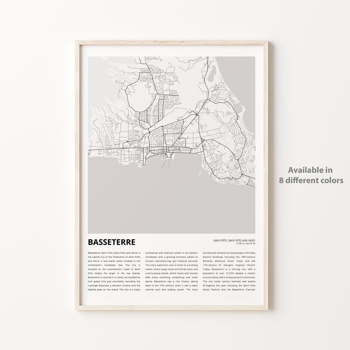 Basseterre Map Print Travel Wall Decor Art Saint Kitts Housewarming Gift Personalized Poster