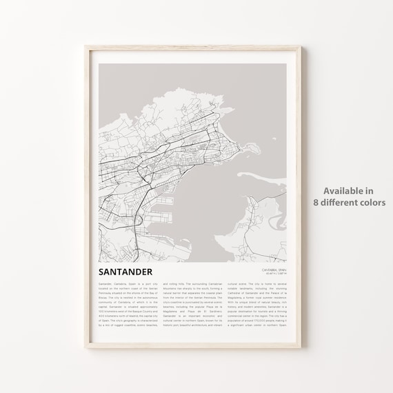 Santander Spain Minimalist Street Map Monochrome Travel Poster