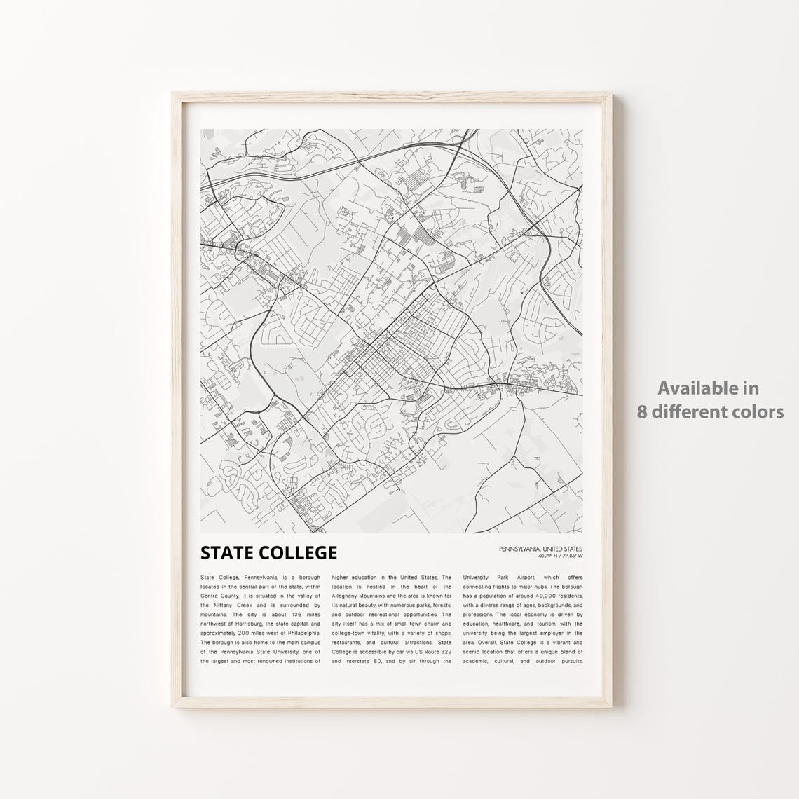 State College Pennsylvania Minimalist Black White Map Art Poster