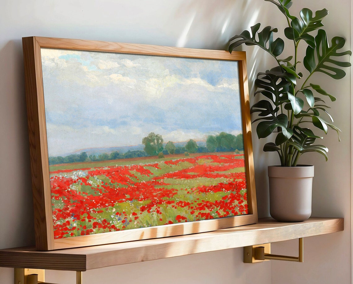 Red Poppy Field Blue Sky Impressionist Landscape Painting Poster - Image 3