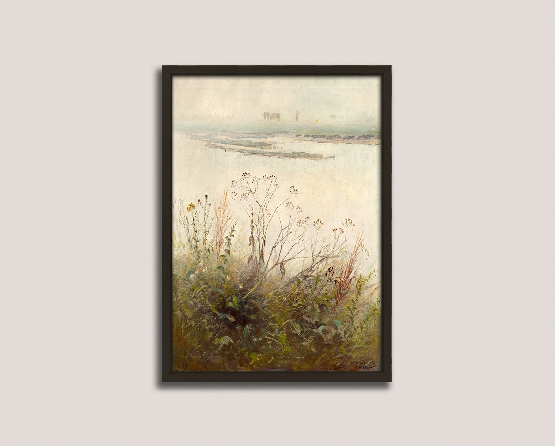 Hazy Lakeside Wild Plants Minimalist Vintage Landscape Painting Poster - Image 2