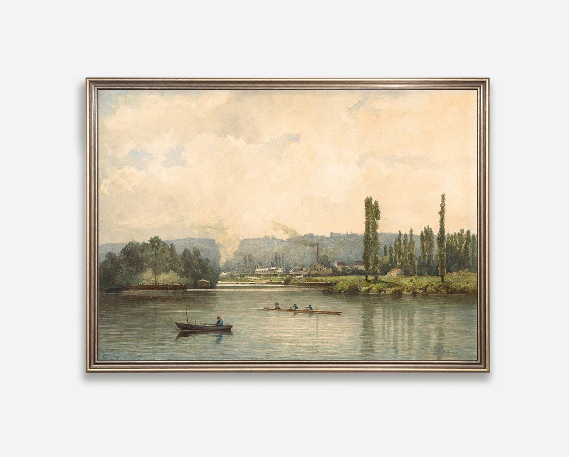 Vintage River Scene With Rowboats And Tall Poplars Lake House Poster - Image 3