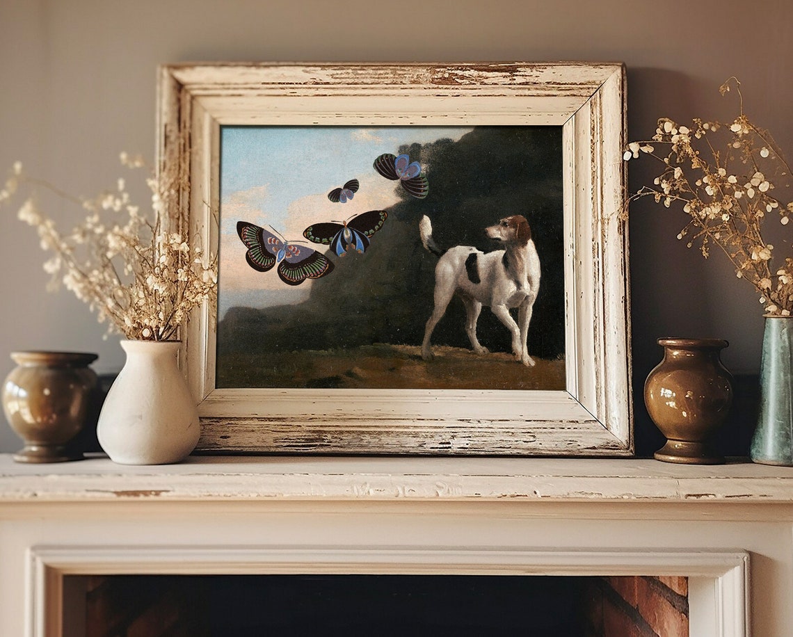 White Dog Giant Butterflies Whimsical Collage Surreal Art Poster - Image 2