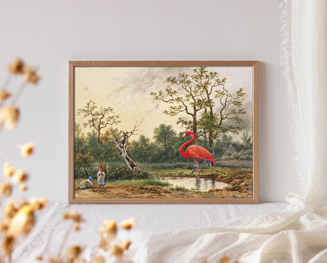 Red Flamingo Pond Vintage Landscape Whimsical Surreal Collage Poster - Image 4