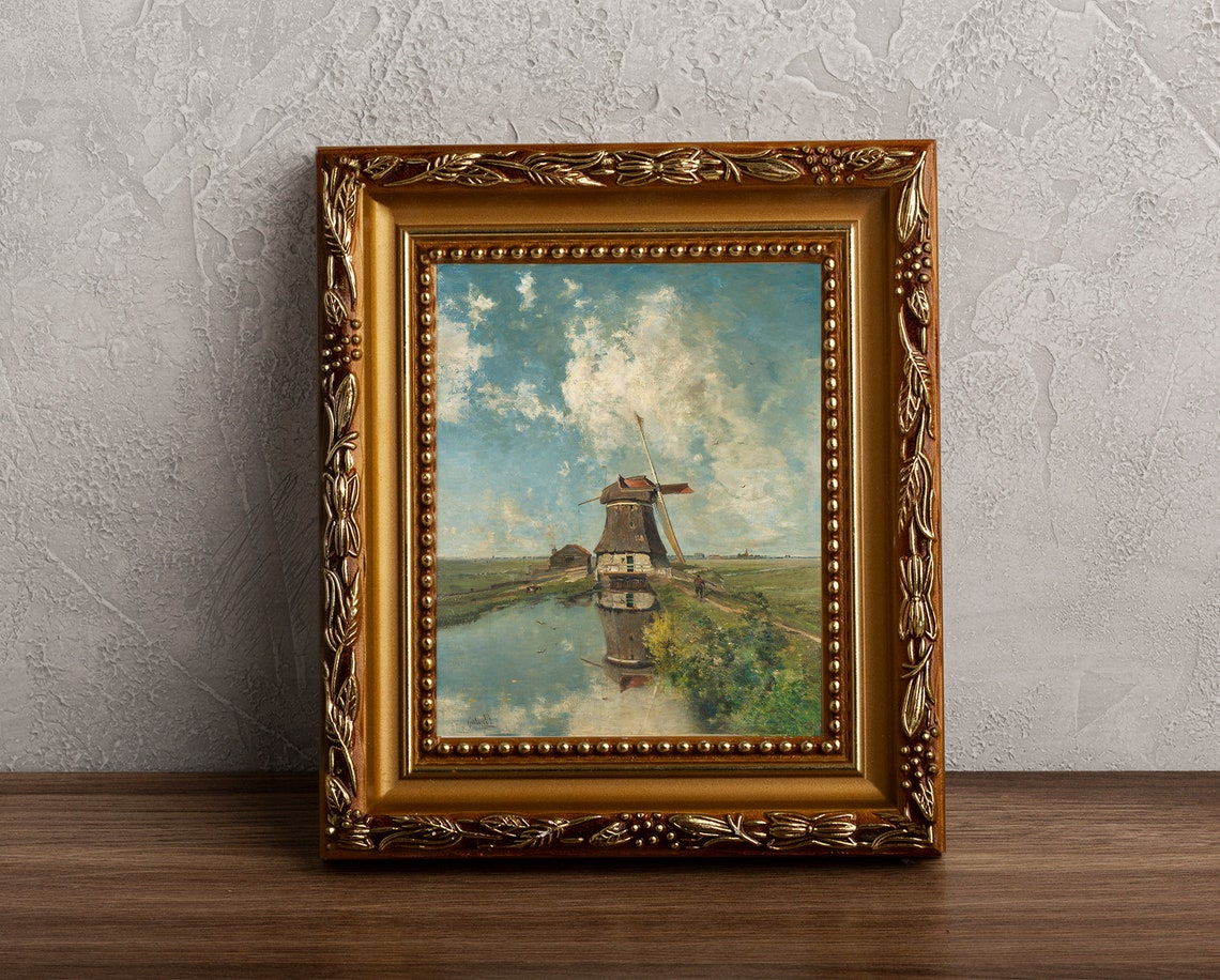 Old Windmill Reflected in Water Vintage Landscape Painting Poster - Image 4