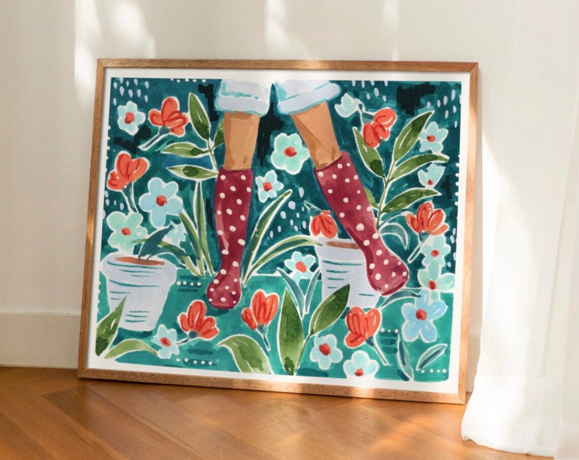 Rain Boots Art Print, Rainy Day Garden Flowers