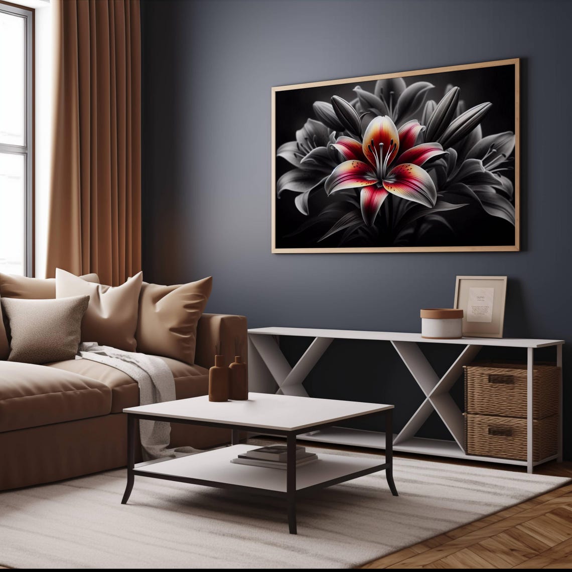 Color Pop Red Lily Flower Blooming On Black And White Photo Poster