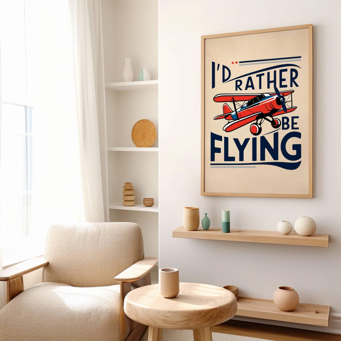 I Would Rather Be Flying Retro Red Biplane Aviation Quote Poster - Image 3