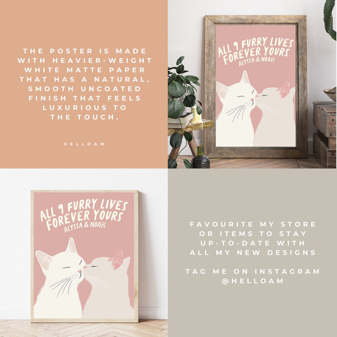 Personalized Cat Couple All 9 Furry Lives Forever Yours Pink Wall Art - Image 3