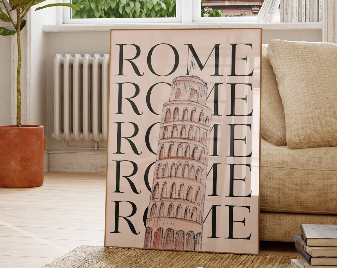 Leaning Tower Of Pisa Sketch Over Bold Black Rome Typography Poster