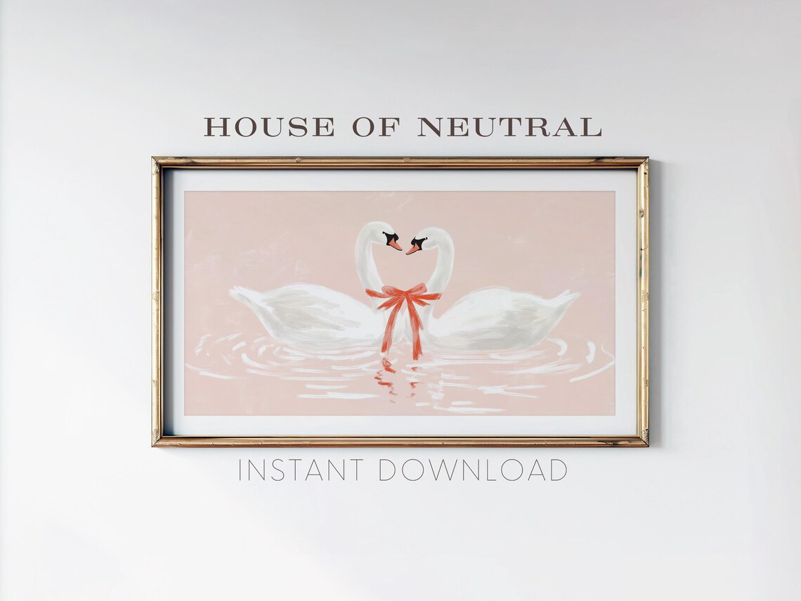 Two White Swans In Love Red Ribbon Pink Background Valentine Wall Art - Image 3