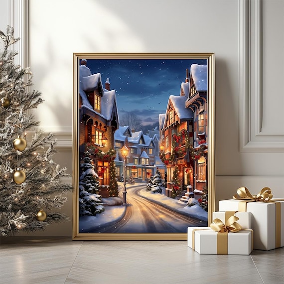 Snowy Christmas Village Street Scene Festive Night Winter Town Poster