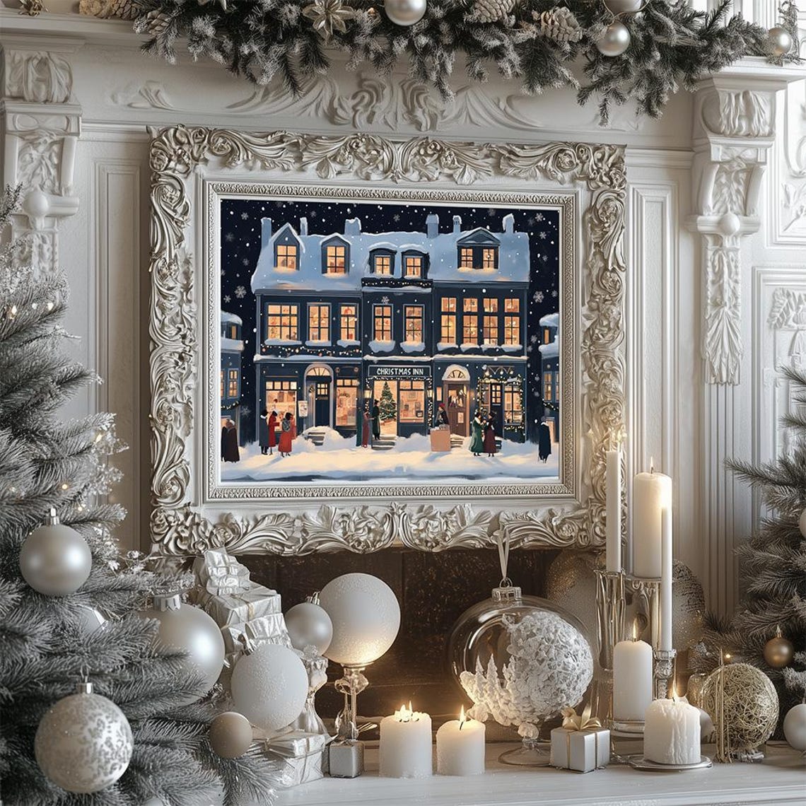 Snowy Christmas Inn At Night With Glowing Windows Holiday Poster - Image 2