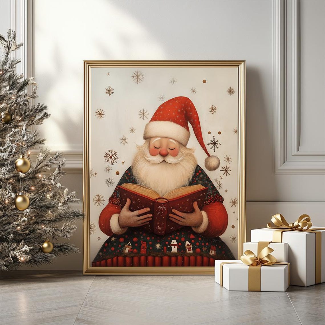 Santa Claus Reading Big Book Cozy Christmas Illustration Poster