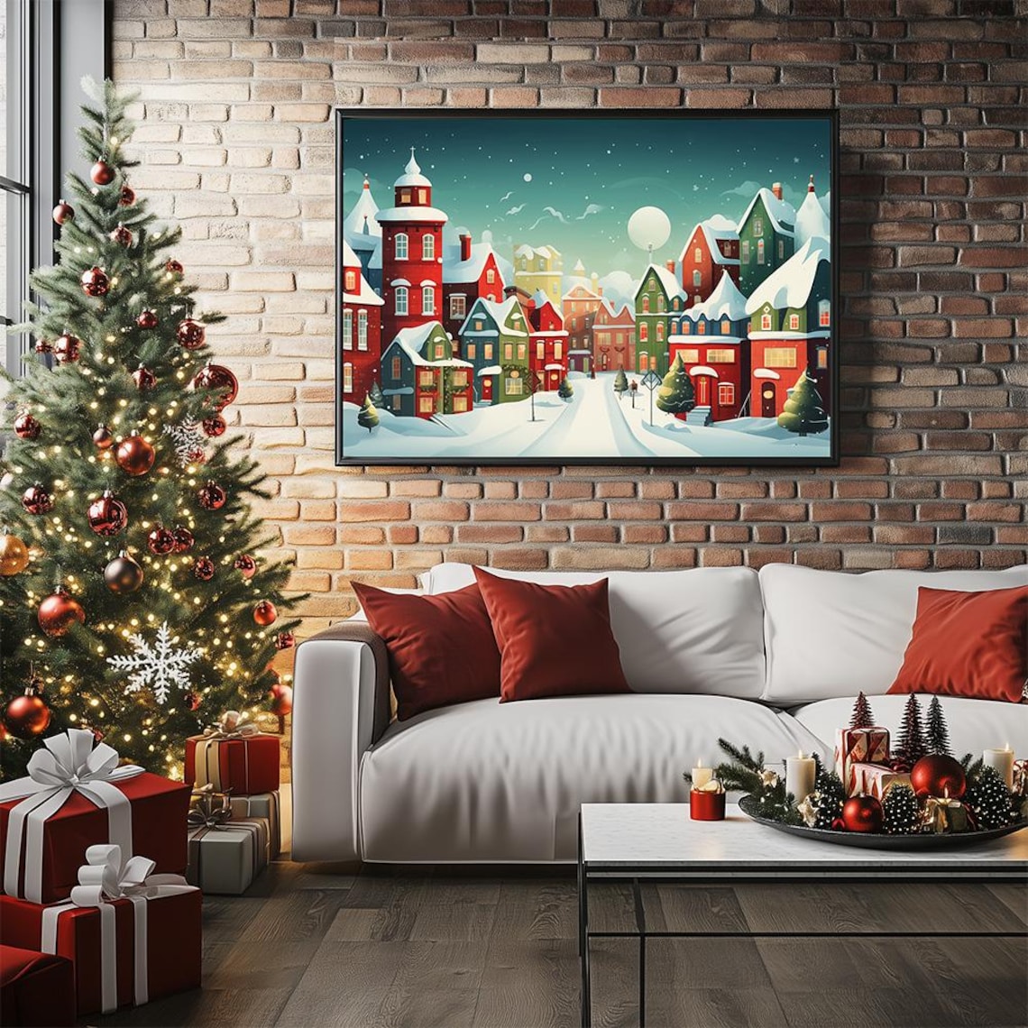 Colorful Snowy Christmas Town Illustration Festive Holiday Poster - Image 3