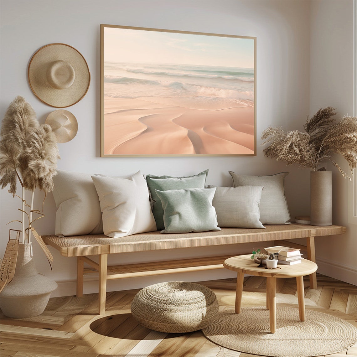 Soft Blush Coastal Beach Gentle Ocean Waves Seaside Art Print - Image 3