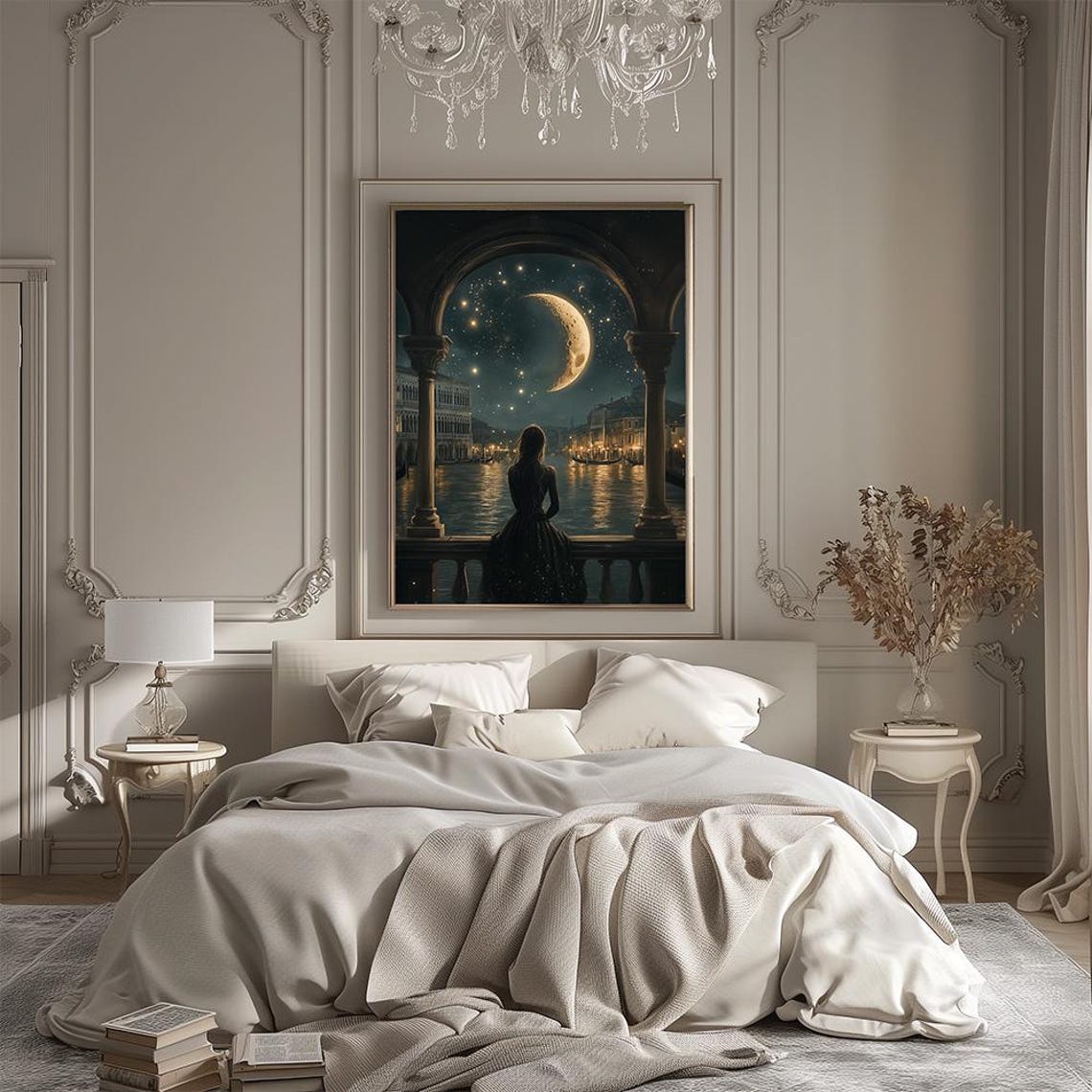 Woman Watching Crescent Moon Over Moonlit Venice Canal Night Print - Image 3