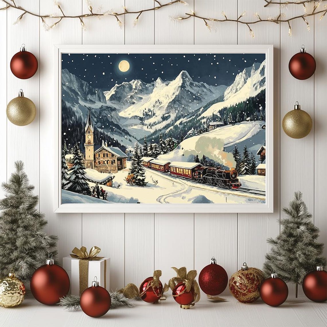 Vintage Steam Train Through Snowy Alps Village Christmas Art Poster