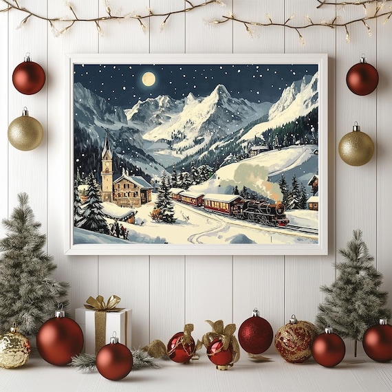 Vintage Steam Train Through Snowy Alps Village Christmas Art Poster