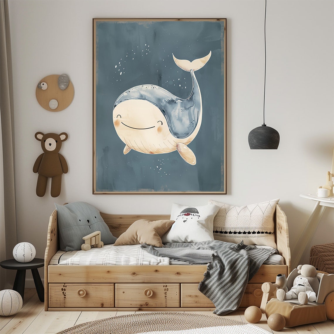 Smiling Baby Whale Watercolor Cute Nautical Nursery Wall Art - Image 2
