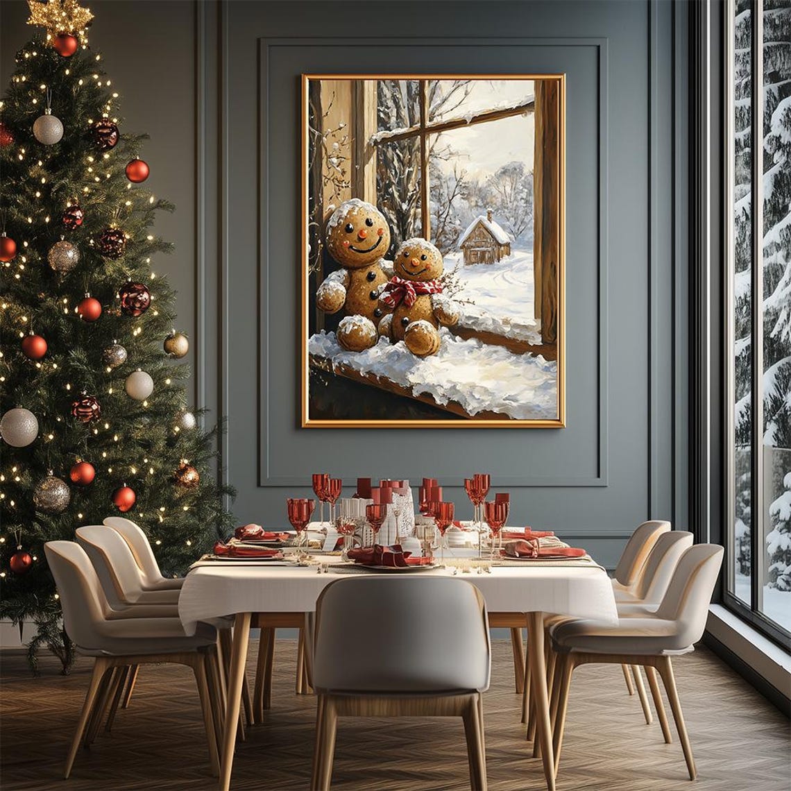 Gingerbread Family Christmas Poster With Snowy Winter Window Scene - Image 2