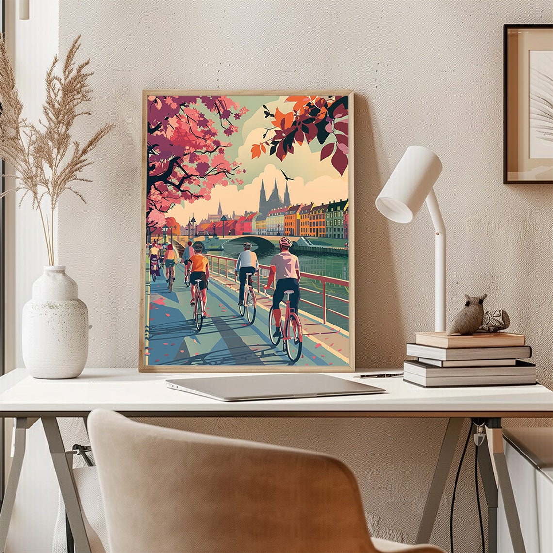 Cyclists In Scandinavian City Illustration Art Print Gift For Bicycle Lovers Sport In Stockholm City Scene Travel Poster - Image 3