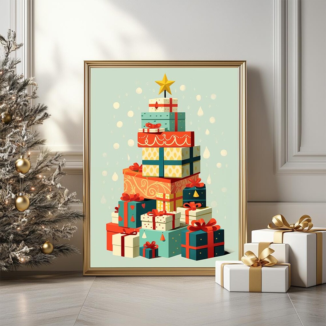 Stacked Christmas Gifts Tree Retro Holiday Gold Star Art Poster