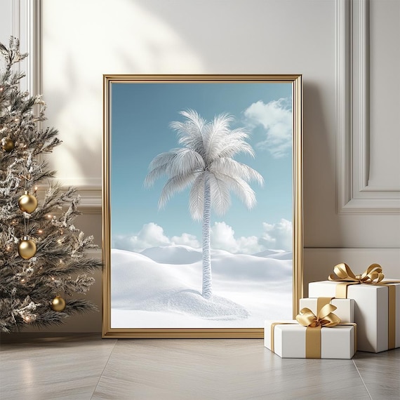 White Palm Tree In Snowy Desert Minimalist Christmas Winter Poster