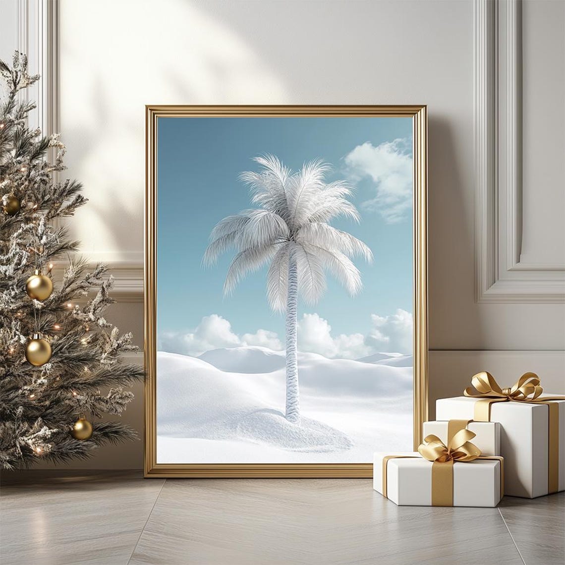 White Palm Tree In Snowy Desert Minimalist Christmas Winter Poster